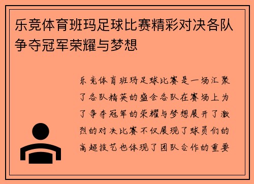 乐竞体育班玛足球比赛精彩对决各队争夺冠军荣耀与梦想