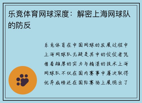 乐竞体育网球深度：解密上海网球队的防反