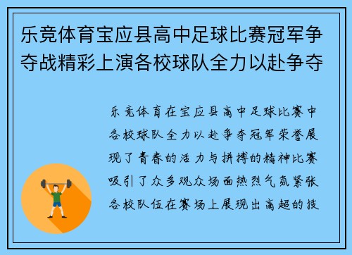 乐竞体育宝应县高中足球比赛冠军争夺战精彩上演各校球队全力以赴争夺荣誉
