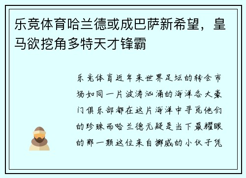 乐竞体育哈兰德或成巴萨新希望，皇马欲挖角多特天才锋霸